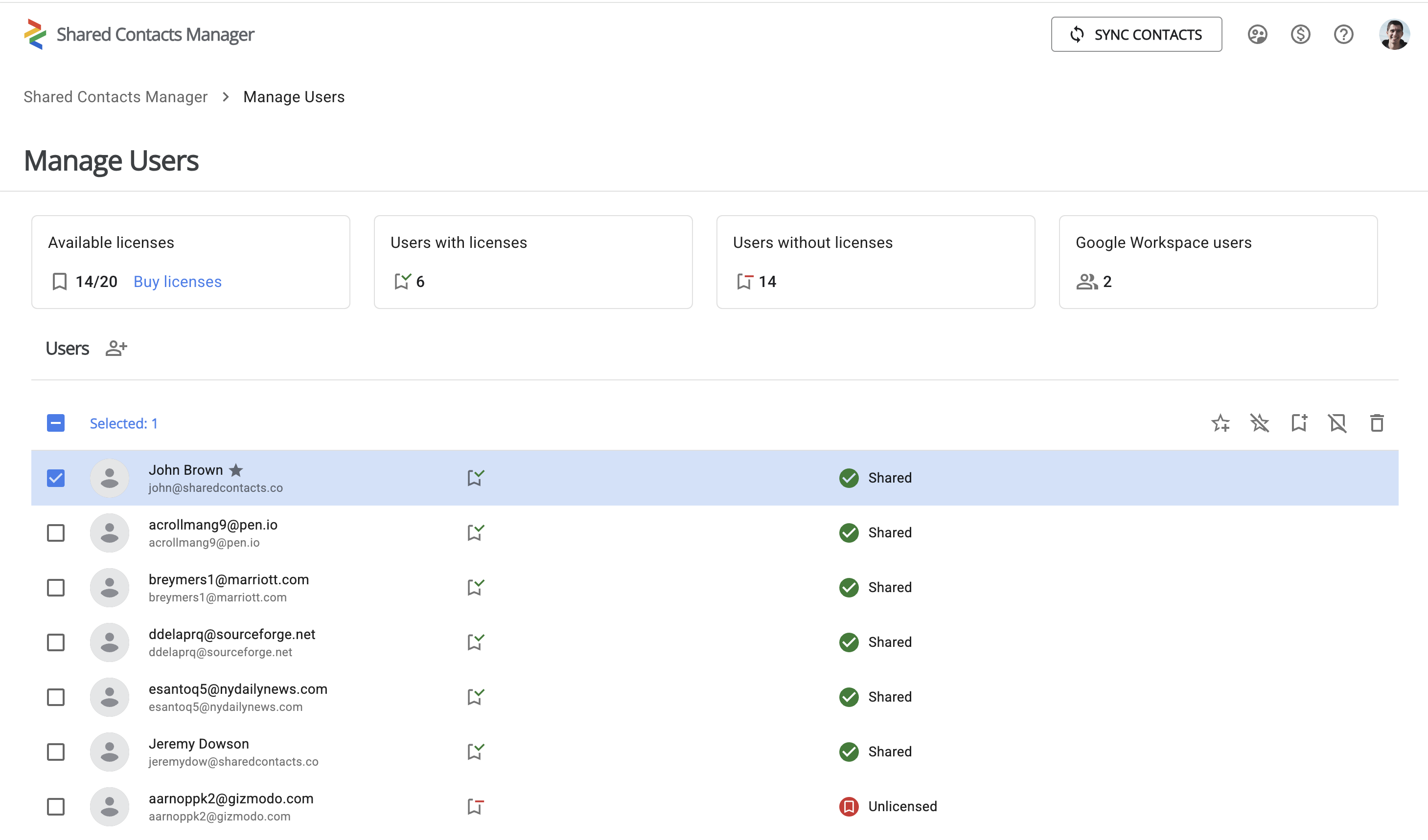 Shared Contacts Manager 的管理用户菜单
